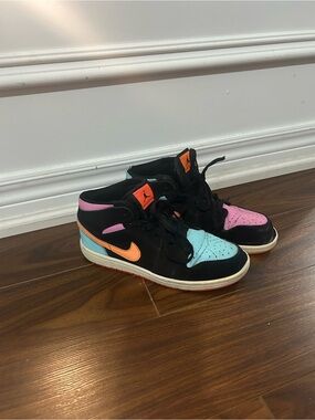 Jordan Kids Mid-Top Sneakers in Black with Pink, Teal & Orange Accents